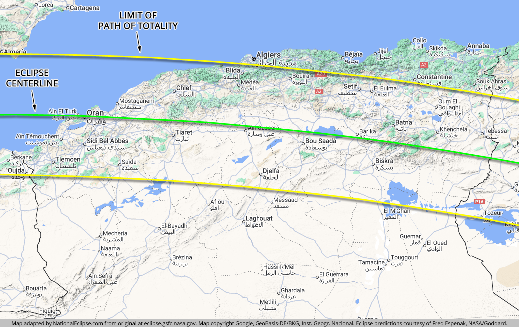 2027 Total Solar Eclipse path of totality over Algeria