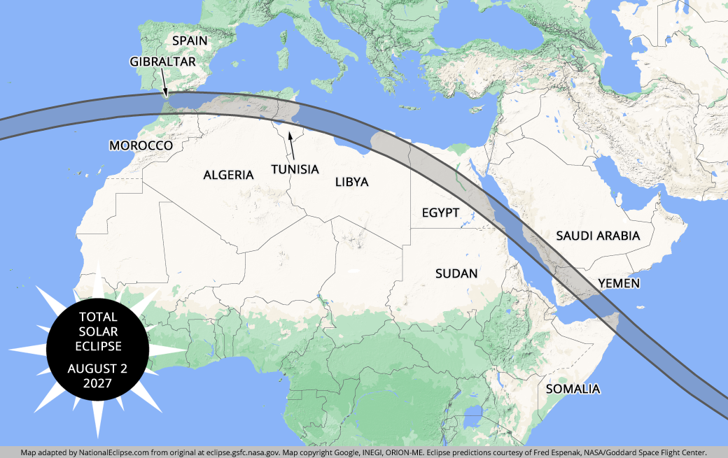 2027 Total Solar Eclipse path across Spain, North Africa and the Middle East